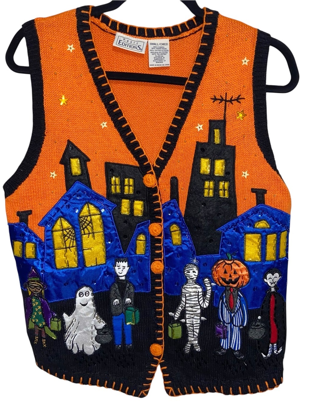 Basic Editions Vest Womens Small
Orange Halloween Knit Pumpkin Ghost Vampire